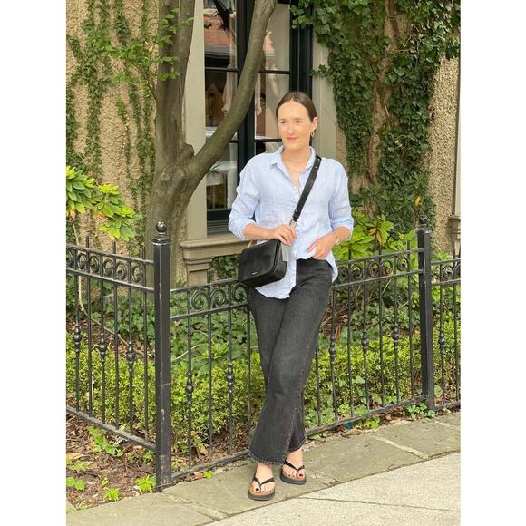 CP Shades Linen Pinstripe Romy Button Down Shirt Top Blue White Size Medium - Picture 2 of 8